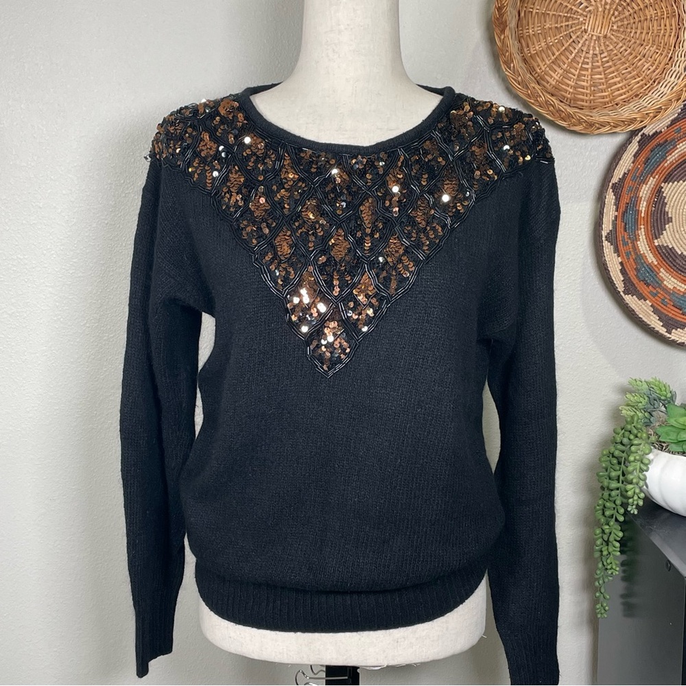 Vintage le Chois Silk Blend Angora Black Gold Sequin Sweater Pullover Size Small
